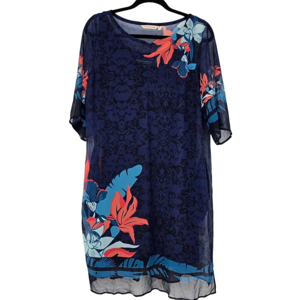 Soft Surroundings Evening Blue Hibiscus Tropicana Sheer Tunic Shift Dress Size M